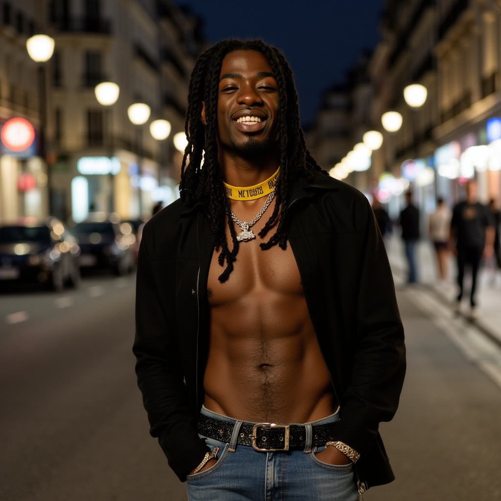 Gazo with dark long braided hair yellow choker silver cord black shirt showing chest blue jeans pants red shoes He appears smiling showing teeth in street in Paris France in night photo with peaceful atmosphere