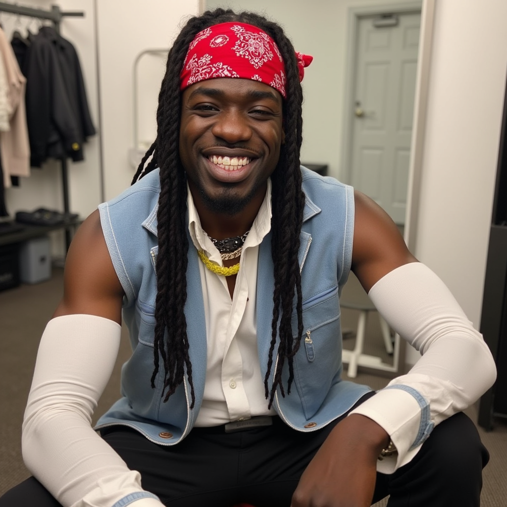 Gazo with long dark braided hair red bandanna in head white shirt sleeveless light blue blazer black choker yellow cord black pants Nike shoes He appears smiling showing teeth sitting make selfie in dressing room in Paris France