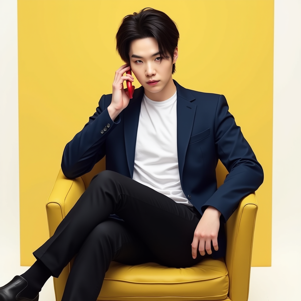 SUGA with white T-shirt dark blue closed-up blazer black pants black boots serious expression He appears sitting on yellow chair He with red cellphone on his ear