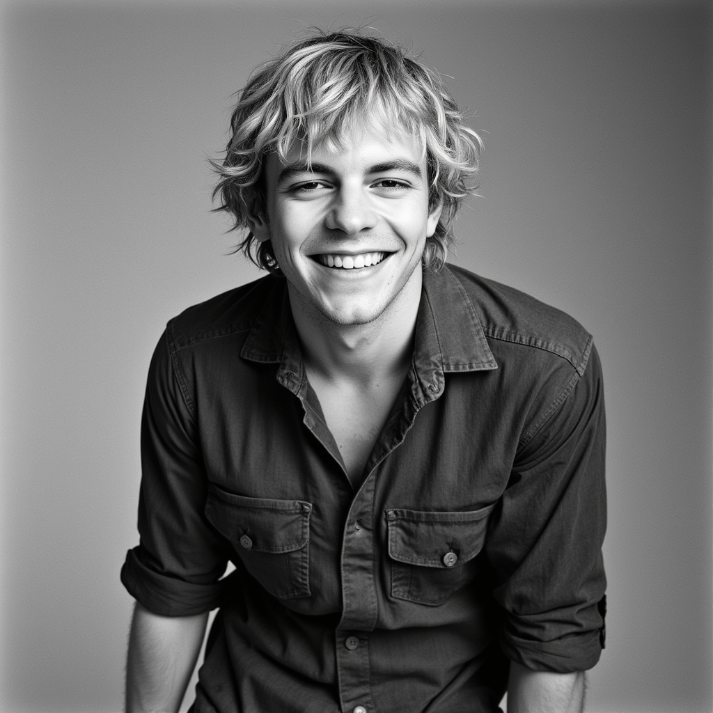 Ross Lynch  with shirt cord shoes and pants photo close-up photo in black and white He appears smiling showing teeth