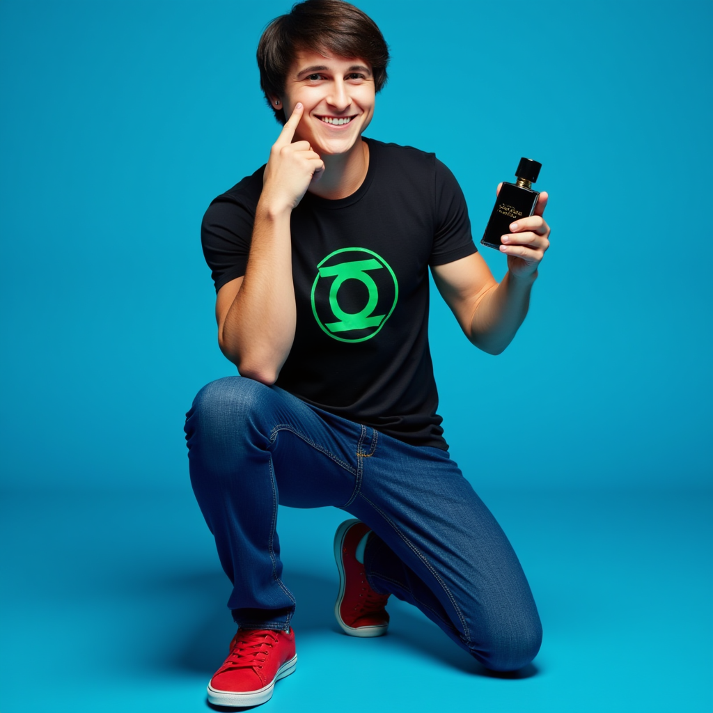 Mitchel Musso  with black T-shirt with green lantern logo blue jeans pants red shoes He appears smiling showing teeth posing with Avon perfume bottle in his hand in blue background