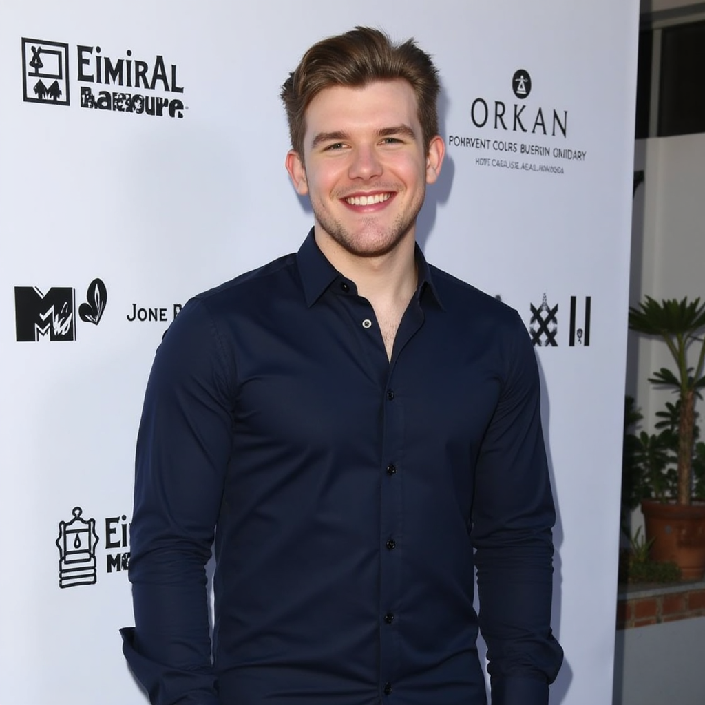 Sean Ryan Fox with dark blue shirt blue pants black shoes He appears smiling showing teeth in Billboard event in Los Angeles