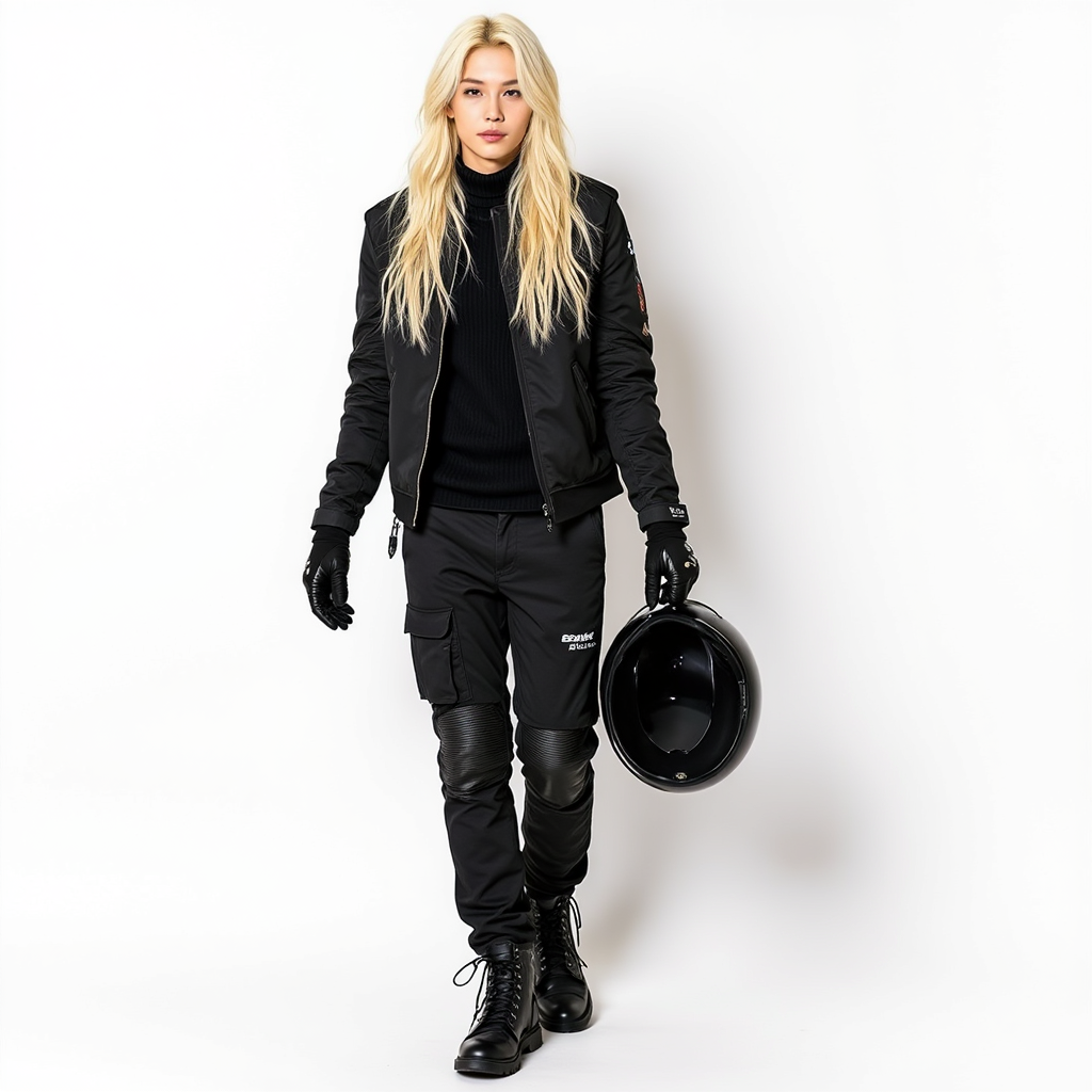 Felix with longest blonde hair with Motorcyle clothes black gloves black shoes He appears with Motorcyle helmet on his hand in white background photoshoot