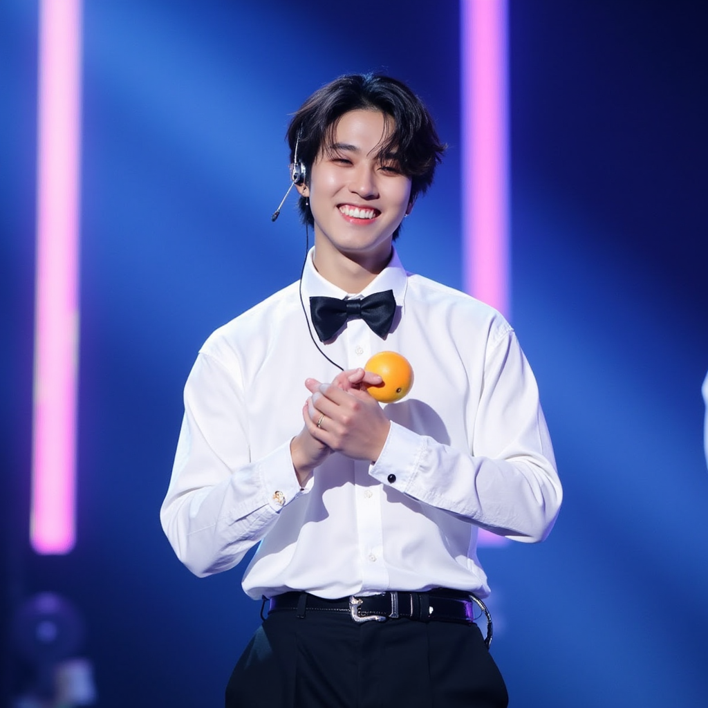 Han with white shirt with mangos black bow tie black pants black shoes He appears smiling showing teeth Han appears in stage in Sacramento EUA  stage with neon lights in peaceful atmosphere Han appears with headset ear microphone