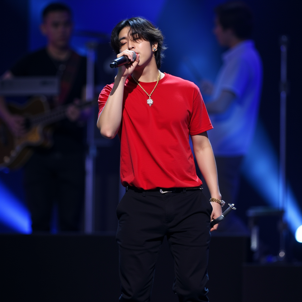 Han with red T-shirt Golden necklace Diamond on his forehead black pants black boots He appears singing with microphone on his hand closed eyes in stage in Sacramento EUA  image good resolution peaceful atmosphere
