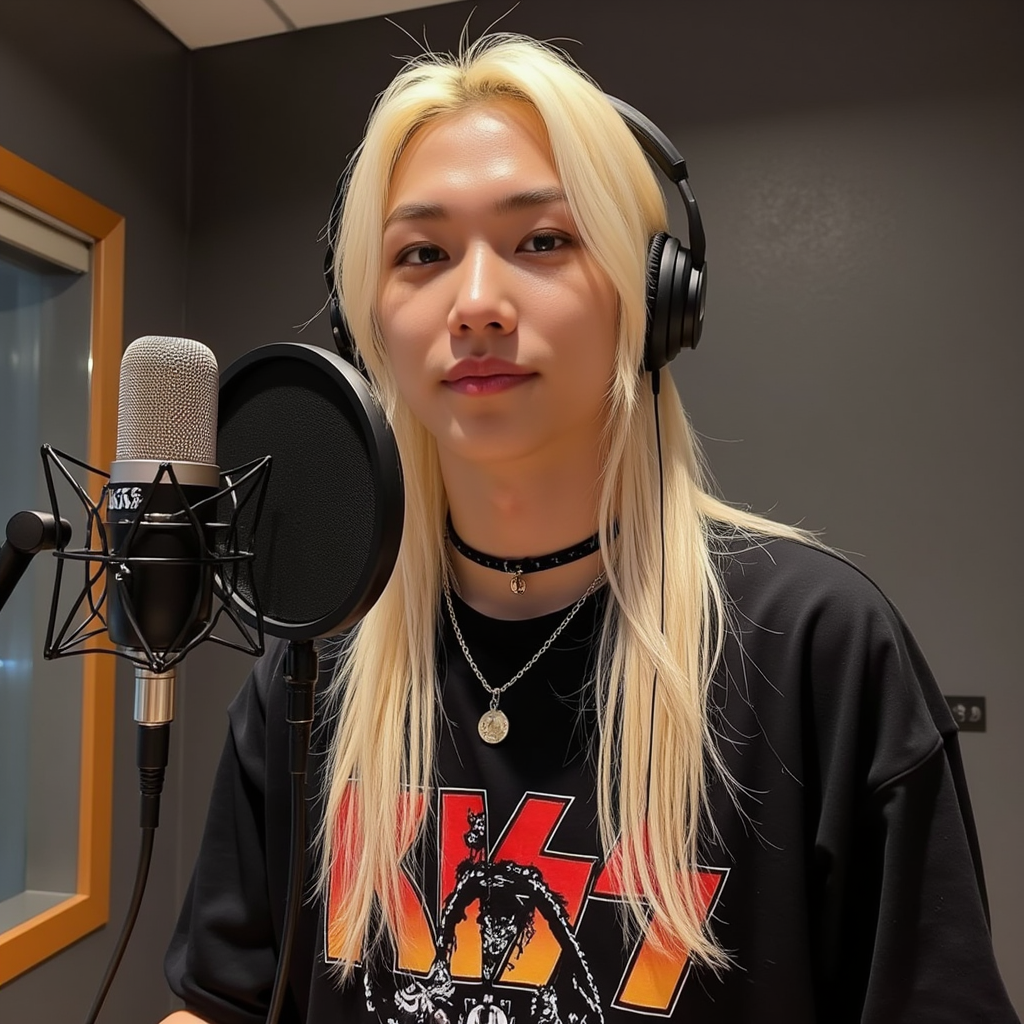 Felix with longest blonde hair black choker black shirt with Kiss logo graphic He appears inside recording booth at Studio in Los Angeles He appears with headphone and microphone