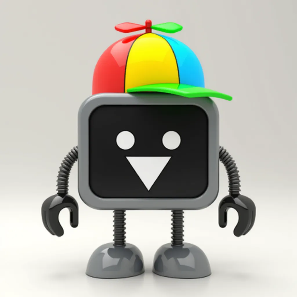 Mr. Fun Computer From Sprunki, computer monitor without stand, black screen, happy face, white round eyes, triangular mouth, colorful propeller hat in red, yellow, blue, and green, gray robotic longer arms and legs, 2d