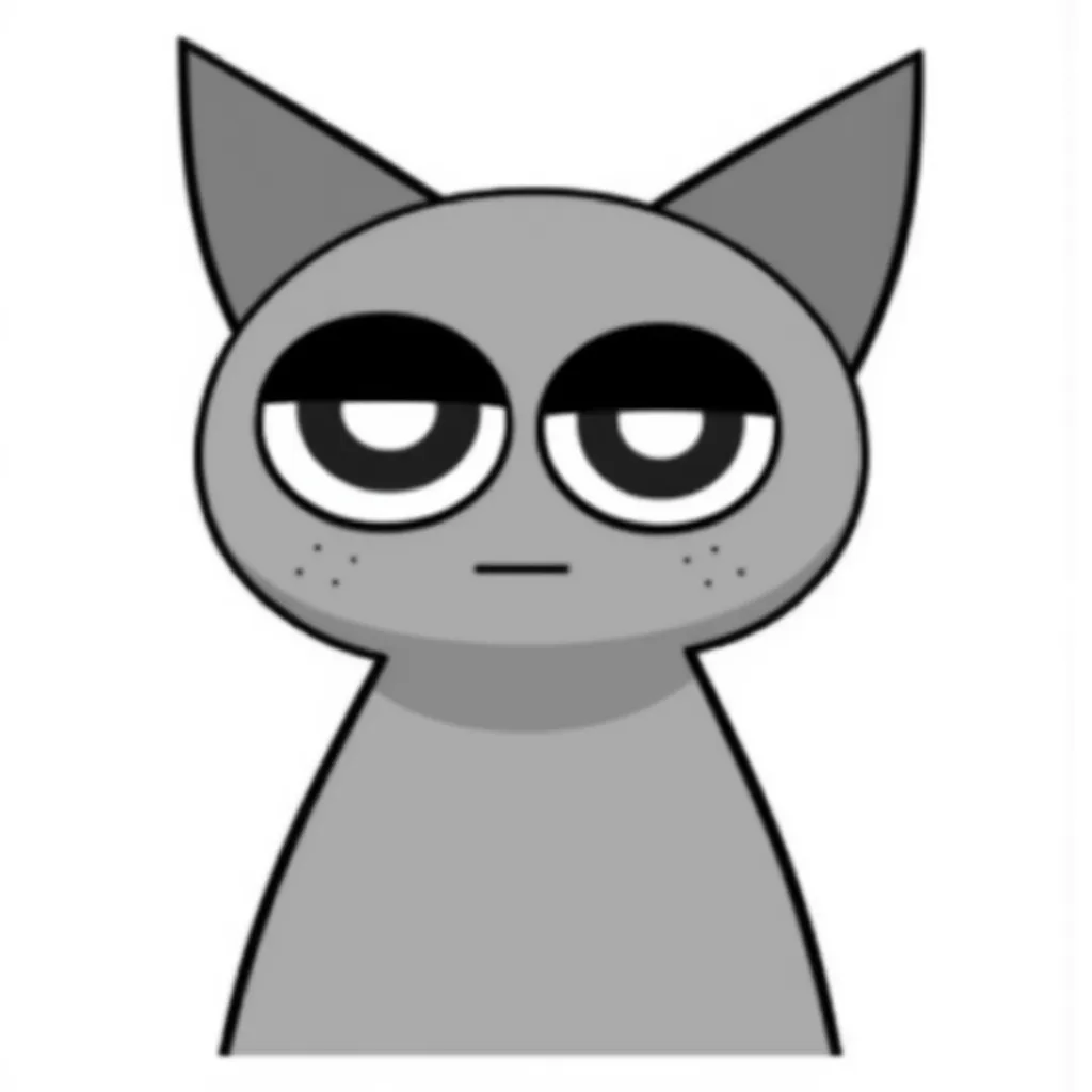Gray Sprunki is a cartoon-style illustration of a grey cat with a triangle shaped body, large, round eyes, black eyelids, black eyes and white pupils, each having a different shade. The cat has an expressionless face. It has no arms and legs.