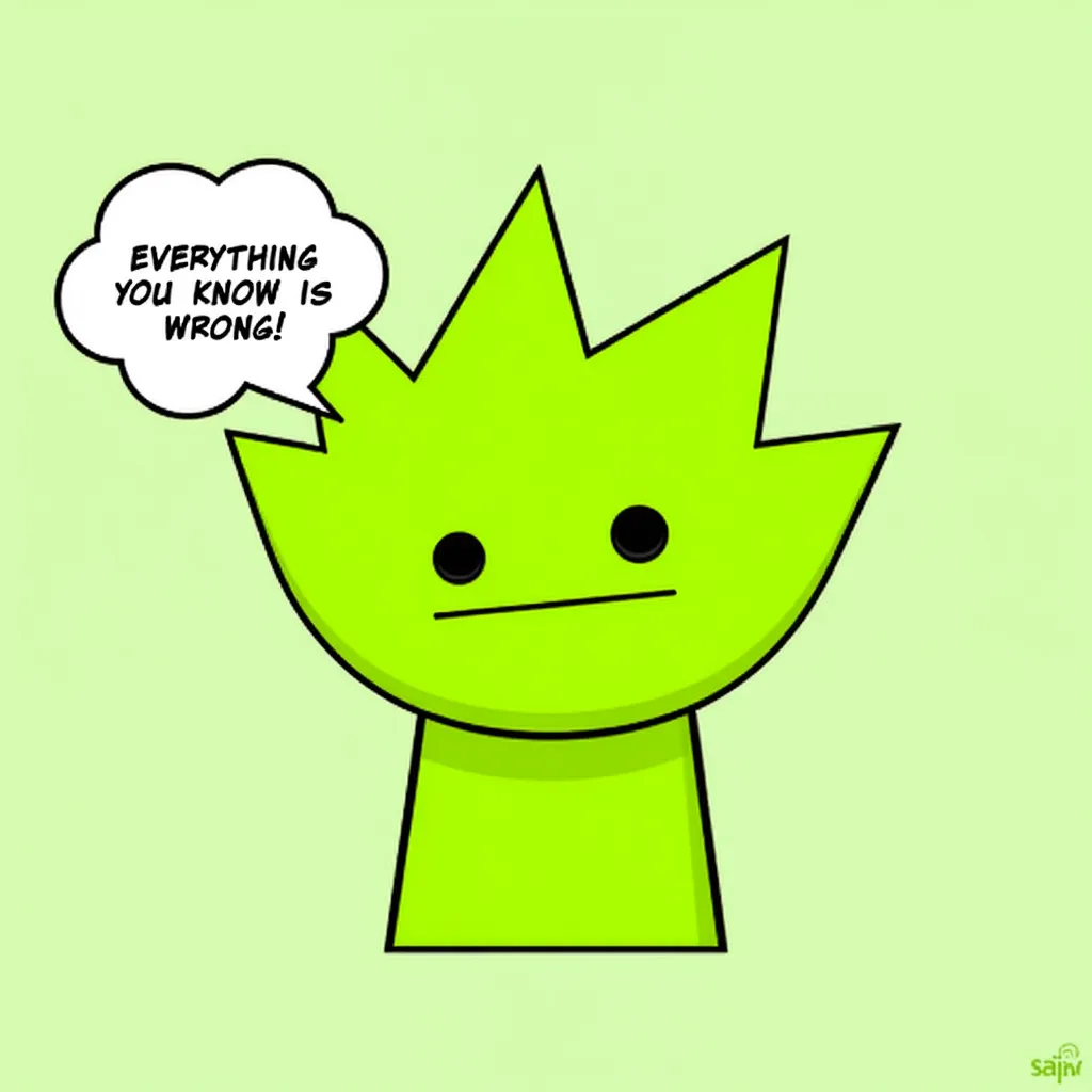 Lime green character with spiky hair, saying "Everything you know is wrong!" in a balloon text