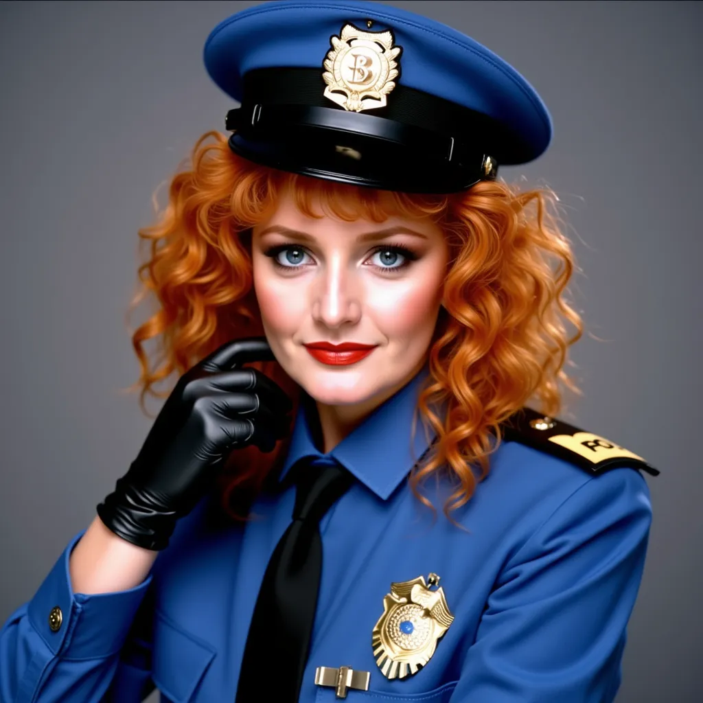 Bonnie Tyler with orange curly hair, red lipstick, wearing a blue captain hat, blue police uniform and black gloves