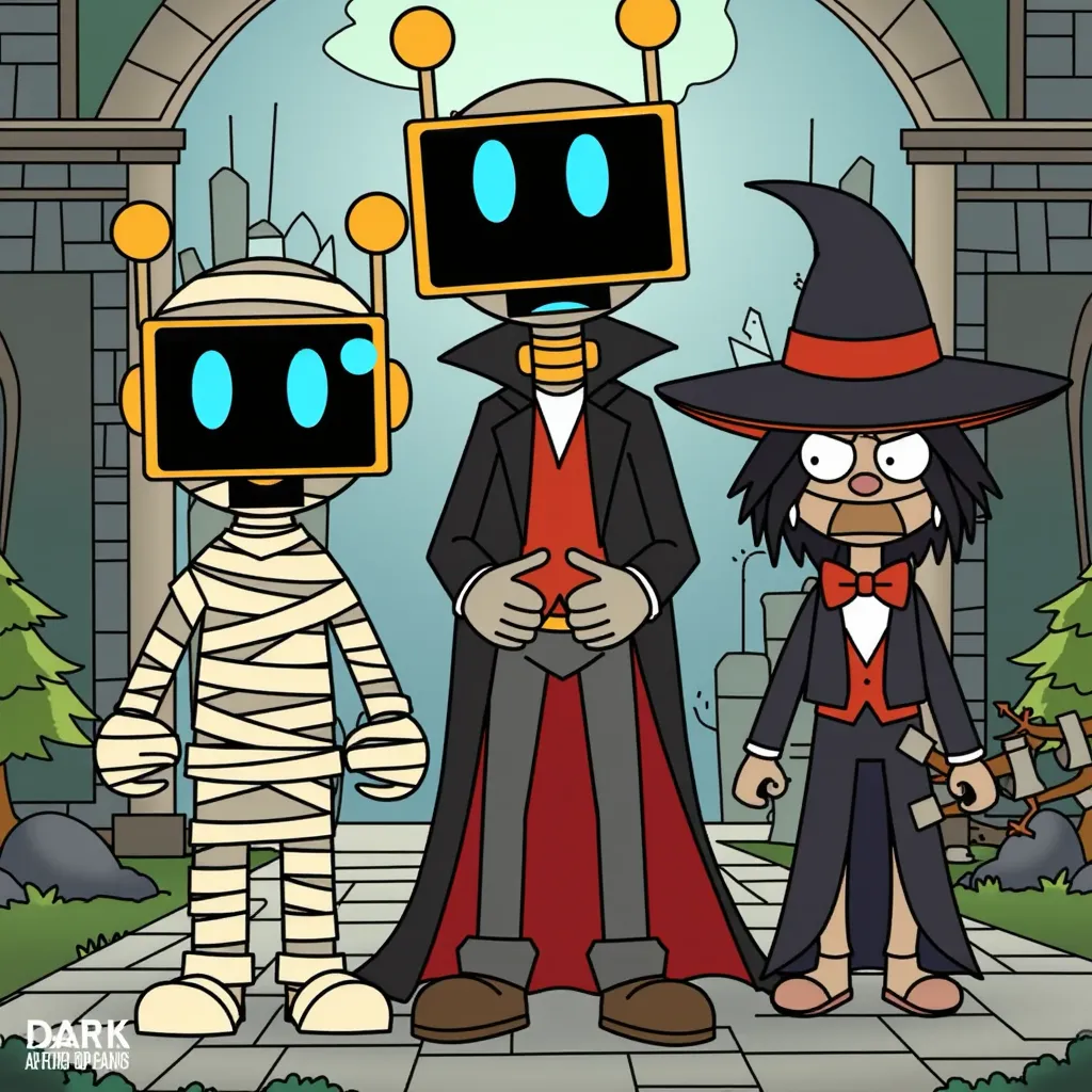 Robot with mummy, vampire, witch and werewolf