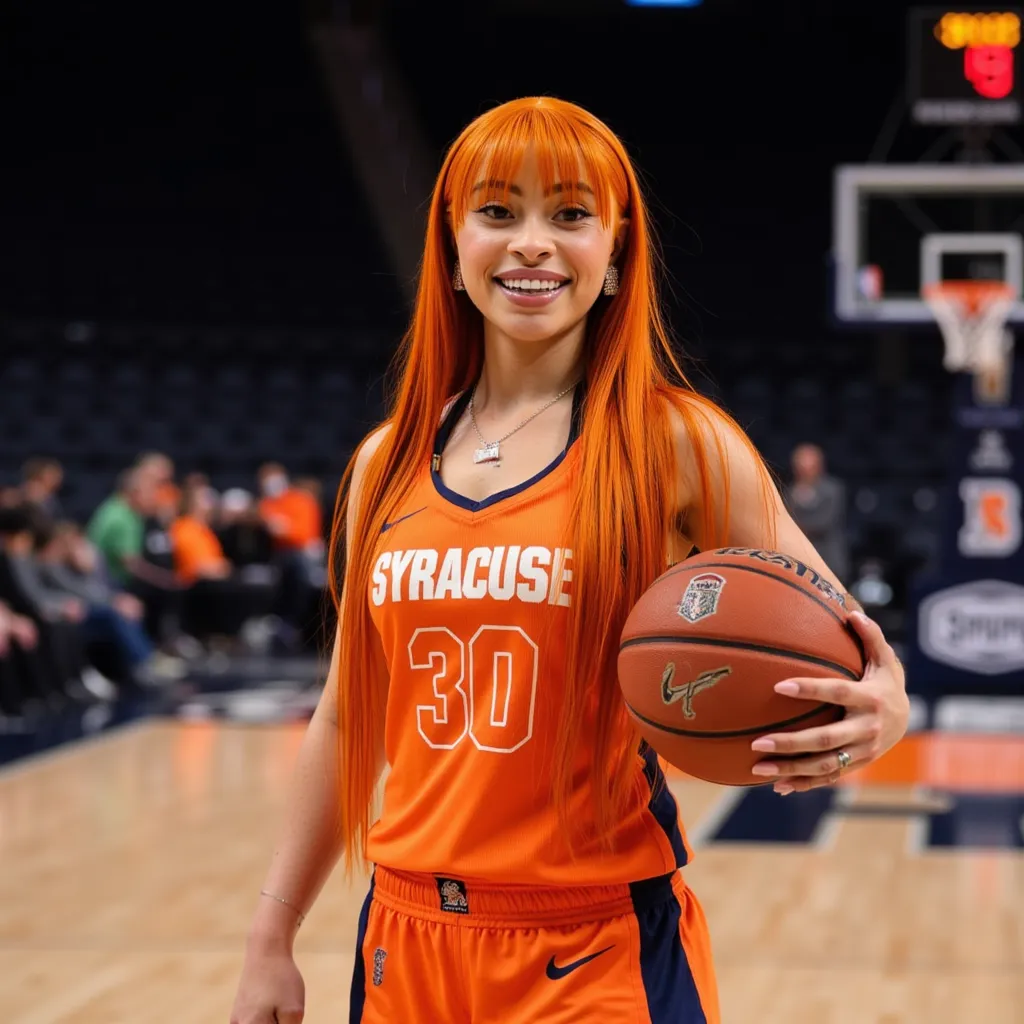 Ice Spice with straight long orange hair and bangs, wearing earrings, wearing Syracuse Orange basketball jersey "#30", wearing Syracuse Orange basketball shorts, wearing basketball shoes, holding a basketball, basketball arena, smile, side profile photograph, realistic style, studio lighting, medium telephoto lens, high resolution, 8K detail, natural light, (sharp focus:1.2), (HDR:1.1)