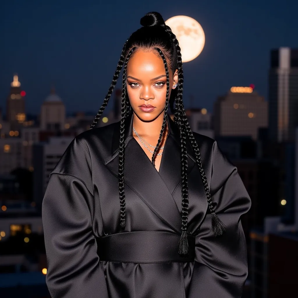 Rih Superstar, Rih Superstar,Singer Rihanna with braided hair, wearing sophisticated and appropriate oversized clothes,  Photoshoot on top of a building, photograph, hyper-realistic style, oversized style clothing,Night and with a full big moon in the background, city skyline in the background, soft ambient dark, high angle shot, medium telephoto lens, vivid colors,Wearing appropriate clothing, a second skin blouse covering everything and very stylish and fashionable, 8K resolution, high detail, studio lighting.