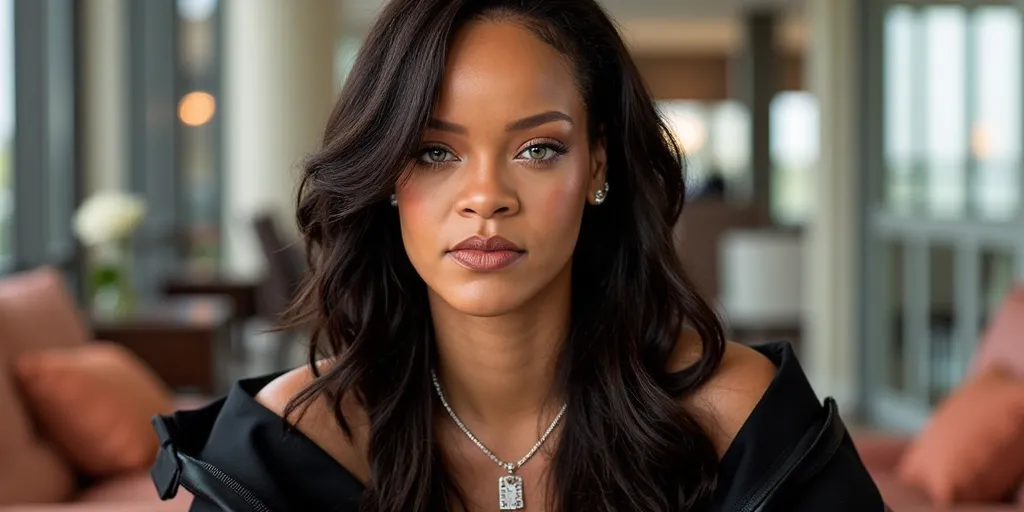 Rih Superstar, Rih Superstar, Singer Rihanna posing elegantly in a modern indoor setting, professional photography, fashion portrait, high fashion editorial, Vogue magazine style, enhanced photography, sharp focus, DSLR camera, 35mm lens, medium close-up shot, natural lighting, vibrant colors, high resolution, HDR, professional retouching, glossy finish.