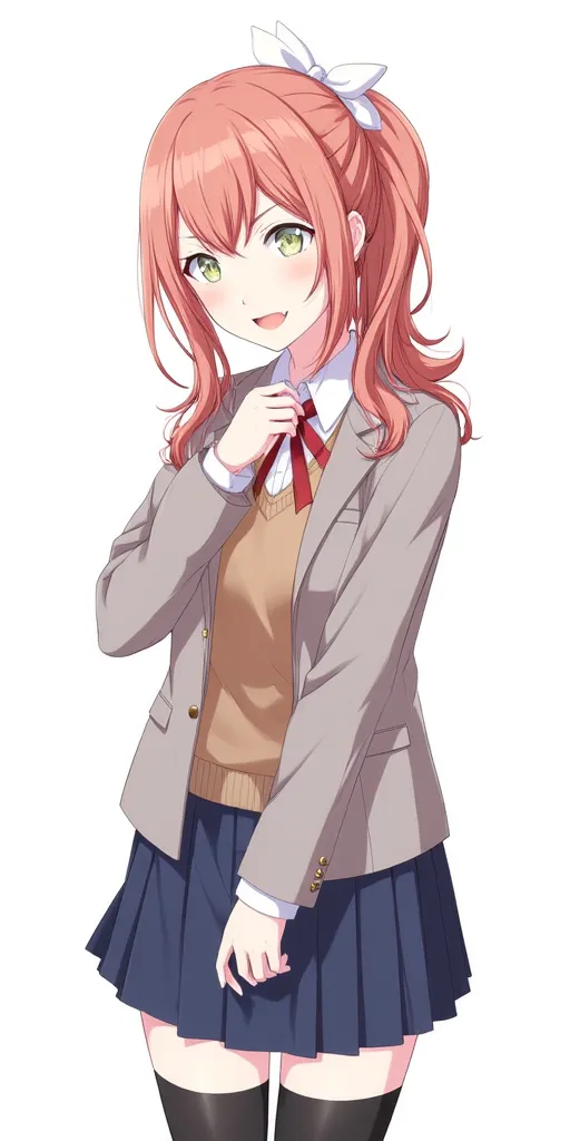 Monika from Doki Doki Literature Club with emerald green eyes as well as She wears the standard issue female school uniform consisting of a warm gray blazer fully buttoned and untucked, brown sweater vest, white shirt fully buttoned and tucked, red ribbon, dark blue pleated skirt, brown hair‚ black thigh-high socks and white uwabaki slippers with pink tips. as well she has thigh length coral brown hair that she keeps tied up in a high ponytail that is tied back with a large white bow, curled slightly at the ends also she has two prominent strands of hair beside her bangs that reach slightly past her chest.