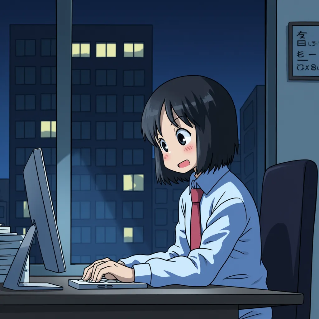 Nano shinonome working in a office building at night, tired