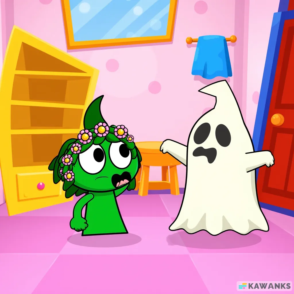 A cartoon scene depicting a small green character with a surprised expression standing next to a ghost. The green character has a wreath of flowers on its head and large, wide eyes. The room is colorful, featuring a pink floor, yellow furniture, and a red door. An orange towel hangs by a window, adding to the playful atmosphere.