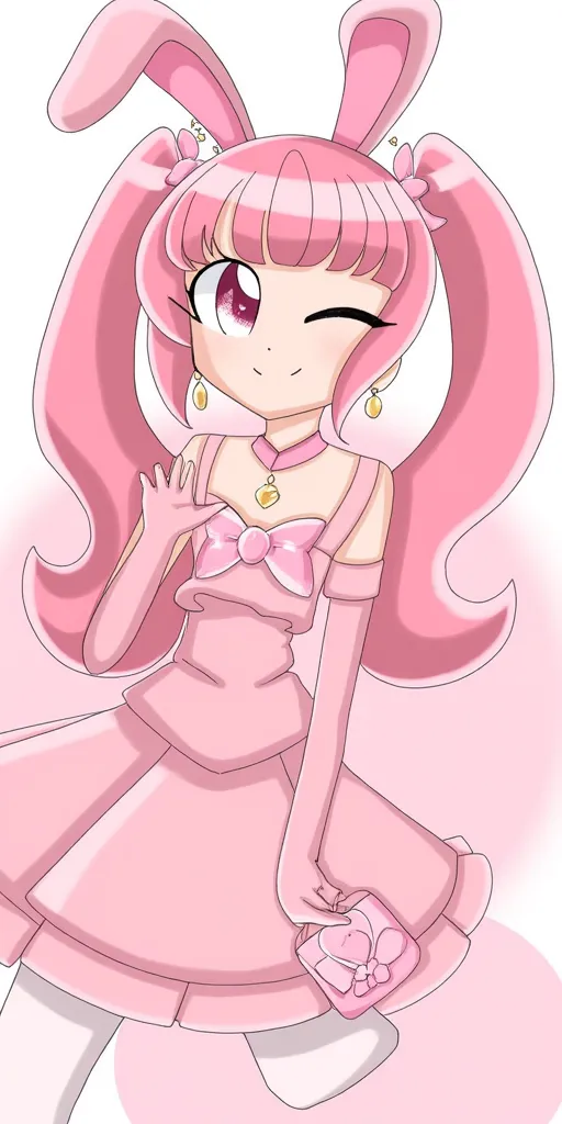 Girl, pastel pink hair, long pigtails, pink eye, pink bow on hair, pink cute elegant dress,  pink elegant gloves, holds pink purse, winking, bunny ears, full body 