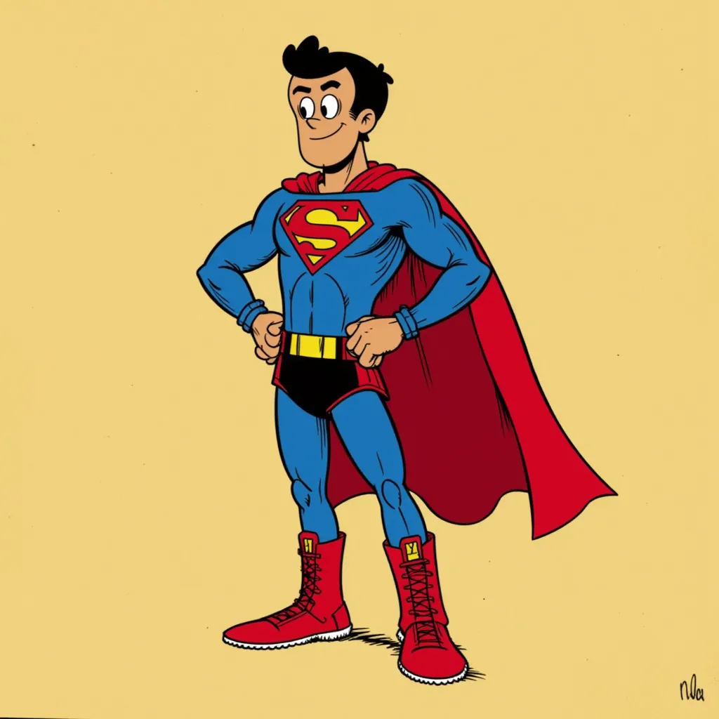 Bobby Santiago in Superman costume, wearing red boots
