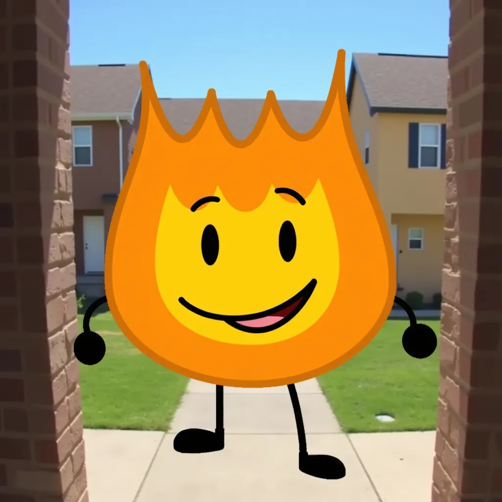 doorbellCam of Firey BFDI, which is an animated character with a yellow and orange flame-shaped body and a smiling face. It has stick-like arms and legs. The background is a neighborhood