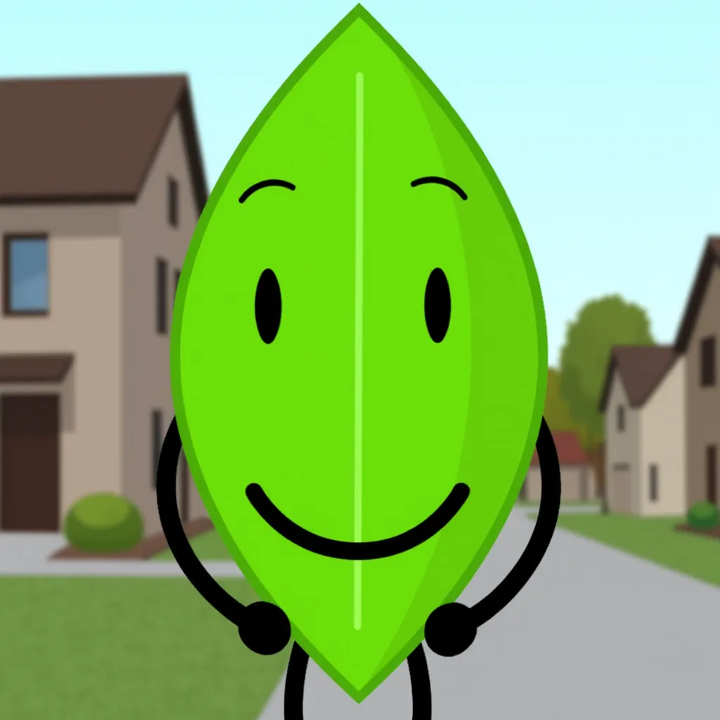 doorbellCam of Leafy BFDI, which is a cartoon-style green leaf with a smiling face. It features simple black limbs, two oval eyes and a simple curved line for a mouth, giving it a friendly and welcoming expression. The leaf has a symmetrical shape and a central vein. The background is a neighborhood.