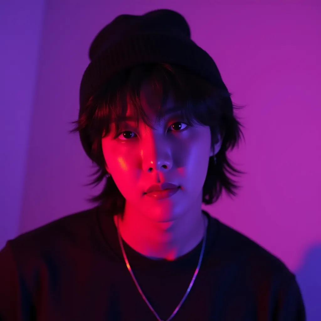 J-hope dark hair wearing a black beanie, neon lighting