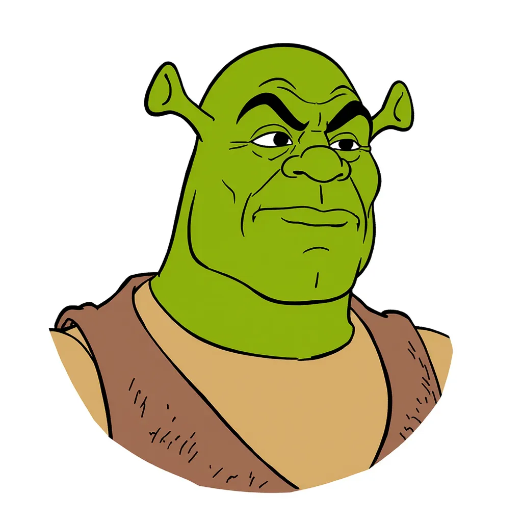 he-man and the masters of the universe, filmation he-man, filmation style, he-man art-style, filmation he-man and the masters of the universe, white background, flat colors, no shading, he-man art-style, 1980s art-style, half-body, Shrek, green skin, clothes, ogre ears, black outline