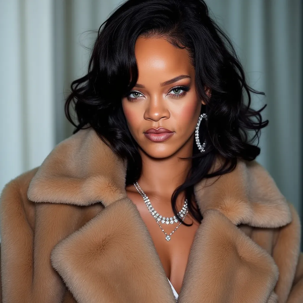 Rih Superstar, Singer Rihanna posing for a photo, with her eyes focused, transmitting power and empowerment, with a very furry oversized fur coat all closed, the singer with diamond earrings and necklace, transmitting a lot of confidence and beauty. Hyper realistic photography  And the photography with a very wide background, the composition of the wide photo with the lens focusing on the background scenery and Rihanna dominating the image with all her ability to be the best model for the editorial  Conceptual and sophisticated, the facial details identical to the singer Rihanna currently, super realistic, image with Sharpness, and very real skin