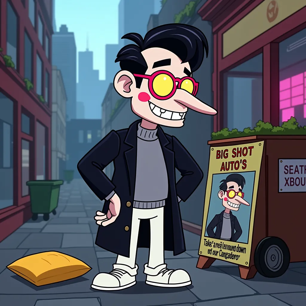 A Character That Lives In a Cyber World That Looks like the internet, his hair is slick black hair that looks like a pompadour, his outfit is a black suit coat, light gray turtle-neck sweater, white suit pants, white shoes, he has pink & yellow tinted glass, on the right side of his glasses, he has yellow colour, & pink on the left side of his glasses, he has red circle cheeks, he has a long pointy nose that looks like pinocchio & his jaw looks like a puppet mouth lines, & he smiles with a huge smile, his skin is a very white colour, he has a puppet like appearance, he doesn't have ears since hes a puppet, he is a failed salesmen that lost everything to greed & power, while 
a cyber city is in the background & the character is in a alleyway with a dumpster & pillow next to him with a poster of him saying "BIG SHOT AUTO'S Take A Ride Around town with our Cungadero"