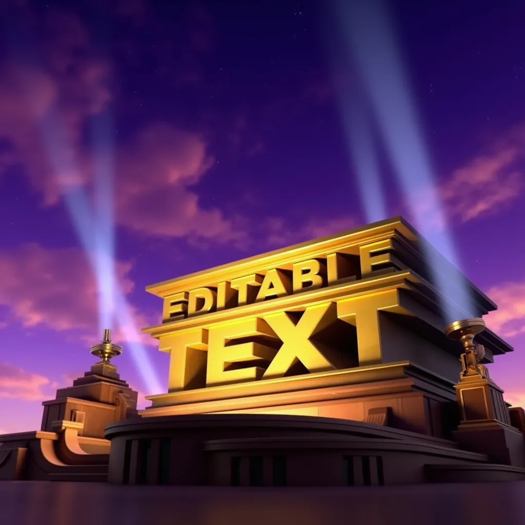 A digital rendering of the "Editable Text" logo. The text is in large, gold letters set against a stylized art deco background. Bright searchlights shine upward into a purple twilight sky with scattered clouds, creating a cinematic atmosphere.