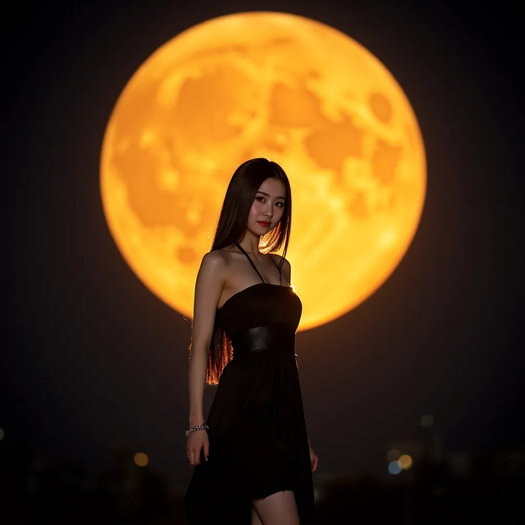 Yunjin Standing in front of very big golden moon in night time in front pose in black dress