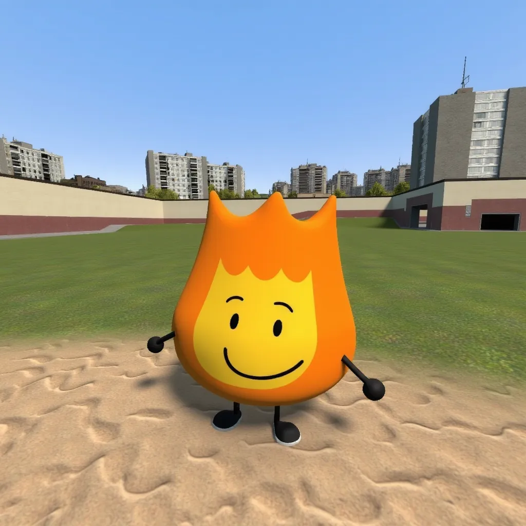 gm_construct, a scene from the video game "Garry's Mod" featuring a virtual urban landscape. The image shows an open area with a mix of grass and sand in the foreground, bordered by modern buildings in the background. The sky is clear and blue, and the environment appears to be part of a digital sandbox setting. Firey BFDI, an animated character with a yellow and orange flame-shaped body and a smiling face. It has stick-like arms and legs. It's standing on gm_construct