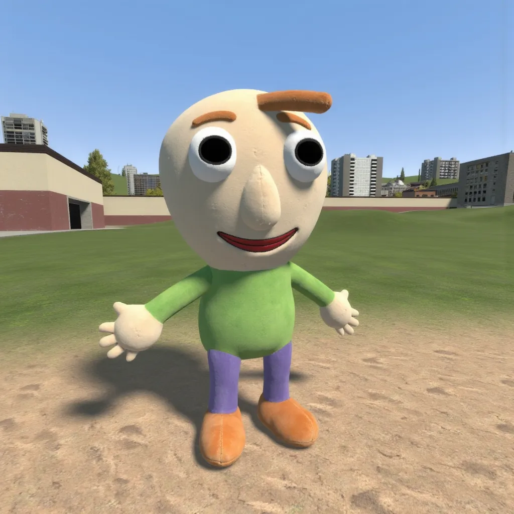 gm_construct, a scene from the video game "Garry's Mod" featuring a virtual urban landscape. The image shows an open area with a mix of grass and sand in the foreground, bordered by modern buildings in the background. The sky is clear and blue, and the environment appears to be part of a digital sandbox setting. Baldi Makeship Plush, a plush toy character with a large, smiling face, wide white eyes with black pupils, and orange eyebrows. It has a beige head, a green shirt, purple pants, and orange shoes. The character's arms are outstretched, and it has a friendly, cartoonish appearance. It's standing. 4K