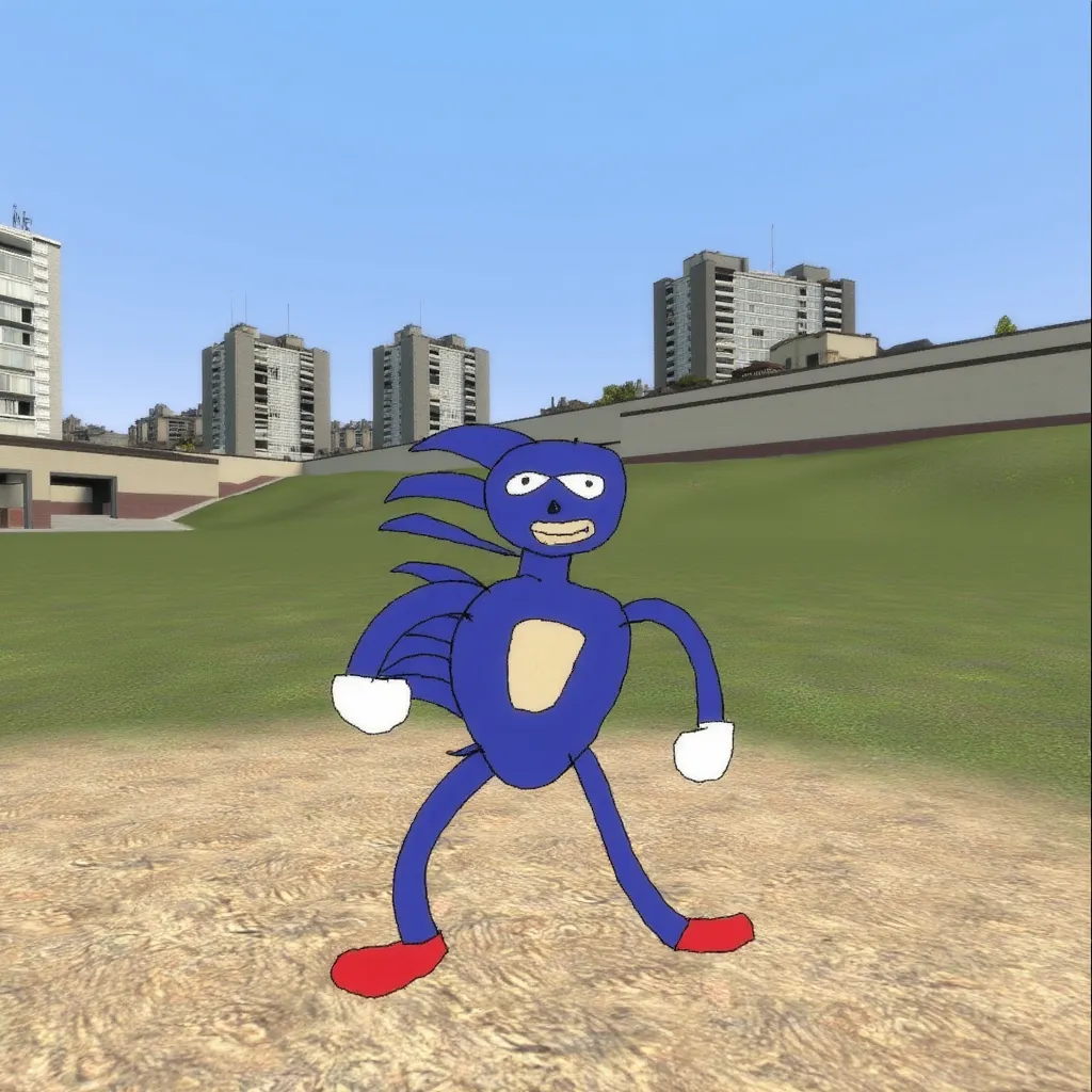 gm_construct, a scene from the video game "Garry's Mod" featuring a virtual urban landscape. The image shows an open area with a mix of grass and sand in the foreground, bordered by modern buildings in the background. The sky is clear and blue, and the environment appears to be part of a digital sandbox setting. Sanic is a crudely drawn image of "Sanic," a meme parody of Sonic the Hedgehog. The character has an exaggerated cartoonish style, with a blue body, clumsy limbs, white gloves, and red shoes. Sanic's face displays an uneven smile and large, uneven eyes. The drawing is simplistic and humorous, with uneven lines and basic colors, emphasizing its meme nature.