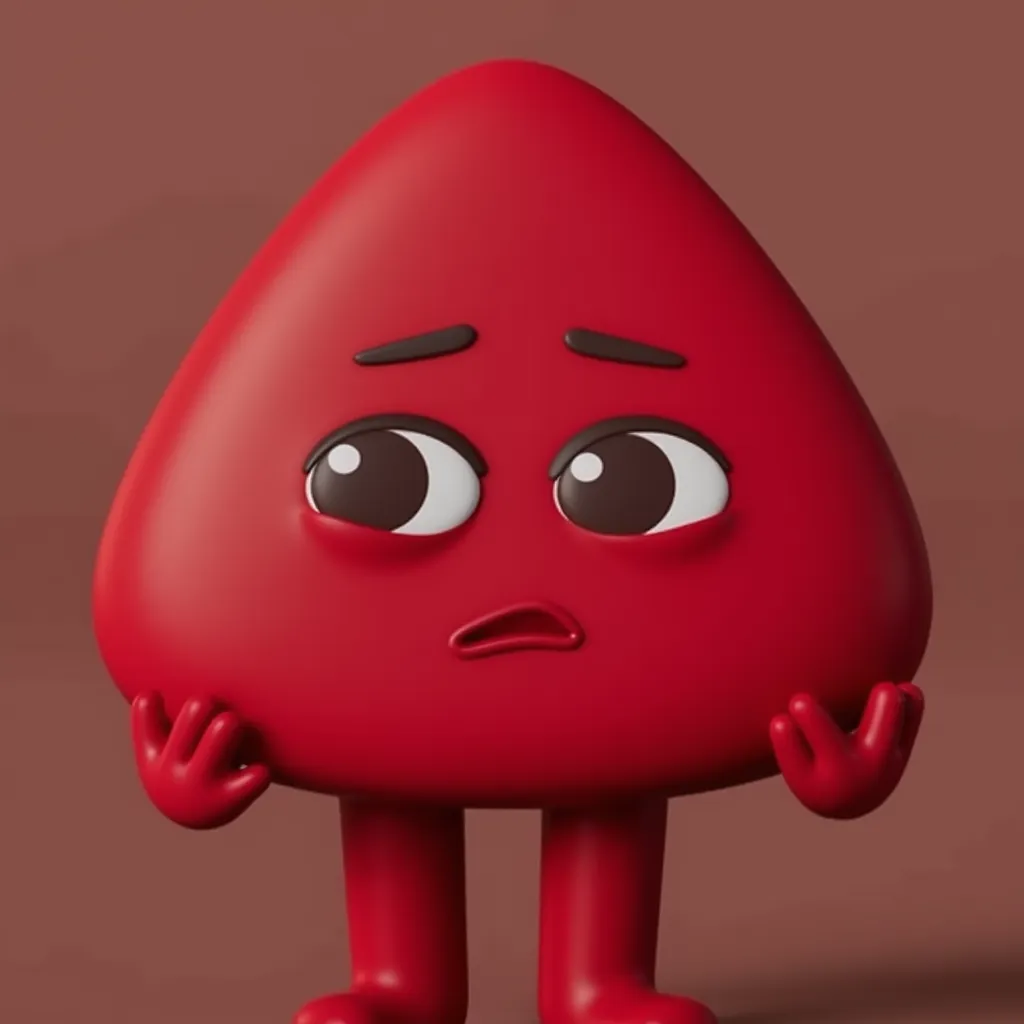 Rounded short stubby dark red rounded triangle 4 finged hands in a paper 3d colourland her face havung dark brown pupils eyebrows and sausase lips that is a rounded triangle