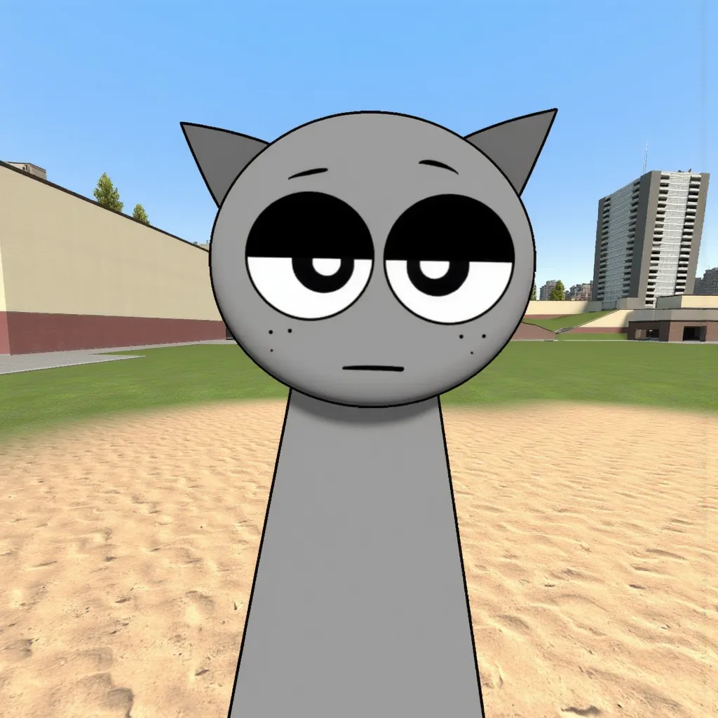 gm_construct, a scene from the video game "Garry's Mod" featuring a virtual urban landscape. The image shows an open area with a mix of grass and sand in the foreground, bordered by modern buildings in the background. The sky is clear and blue, and the environment appears to be part of a digital sandbox setting. Gray character illustration with a simple, stylized design. The character has a round head, large round half-closed black and white eyes,  black eyelids, small freckles, and pointed ears that are pointing up. The expression appears tired or indifferent. The body is long and narrow, matching the gray color scheme. The character has black outlines. 4K HIGH QUALITY HD