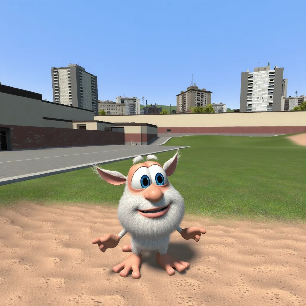 gm_construct, a scene from the video game "Garry's Mod" featuring a virtual urban landscape. The image shows an open area with a mix of grass and sand in the foreground, bordered by modern buildings in the background. The sky is clear and blue, and the environment appears to be part of a digital sandbox setting. There is an small animated creature named Booba, he has a fluffy white beard and hair, along with a wide nose, wide ears and big blue eyes
