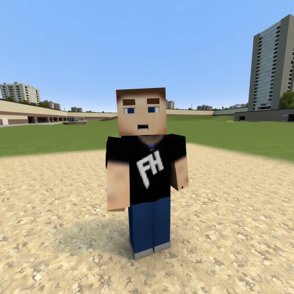 gm_construct, a scene from the video game "Garry's Mod" featuring a virtual urban landscape. The image shows an open area with a mix of grass and sand in the foreground, bordered by modern buildings in the background. The sky is clear and blue, and the environment appears to be part of a digital sandbox setting. SteveFHO, a blocky, Minecraft-style character with brown hair and blue eyes. The character is wearing a black shirt with white letters "FH" and dark blue pants.