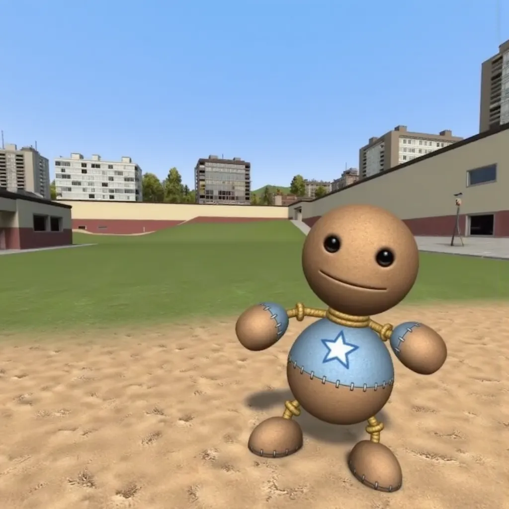 gm_construct, a scene from the video game "Garry's Mod" featuring a virtual urban landscape. The image shows an open area with a mix of grass and sand in the foreground, bordered by modern buildings in the background. The sky is clear and blue, and the environment appears to be part of a digital sandbox setting. KTBuddy, Buddy from "Kick the Buddy," an animated character with a stitched brown body and a cheerful expression. He is wearing a blue shirt adorned with a white star, and his limbs are attached with rope joints. The character has large black eyes.