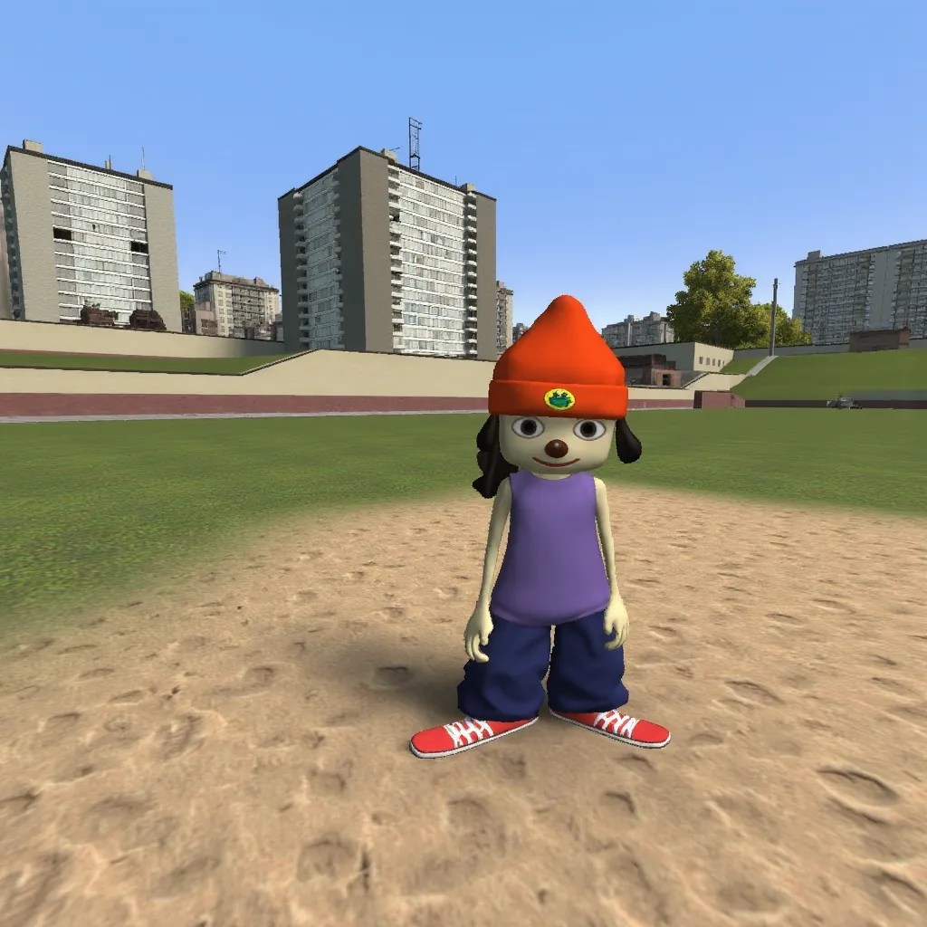gm_construct, a scene from the video game "Garry's Mod" featuring a virtual urban landscape. The image shows an open area with a mix of grass and sand in the foreground, bordered by modern buildings in the background. The sky is clear and blue, and the environment appears to be part of a digital sandbox setting. Parappa , a character PaRappa the Rapper, from the video game series of the same name, is depicted wearing a large orange beanie with a frog emblem, a purple sleeveless shirt, blue baggy pants, and red sneakers with white soles, standing. and a friendly expression.