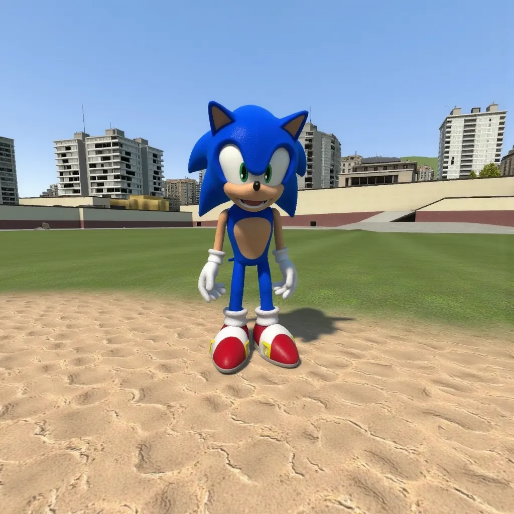 Blue SonicPuppet in gm_construct, a scene from the video game "Garry's Mod" featuring a virtual urban landscape. The image shows an open area with a mix of grass and sand in the foreground, bordered by modern buildings in the background. The sky is clear and blue, and the environment appears to be part of a digital sandbox setting.