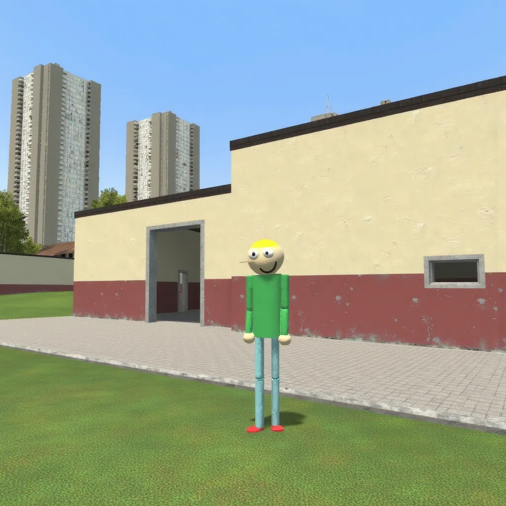 gm_construct , a digital rendering of an urban environment featuring a simple, rectangular building with a beige and maroon exterior. The building has two open doorways and narrow horizontal windows. In the background, tall residential towers and trees are visible. The foreground consists of a paved area with a patch of green grass. The sky is clear and blue, suggesting a sunny day. GarrettGFAG , a cartoon character with a simple design, featuring a round head, large eyes, and a open-mouthed smile. The character has short yellow hair and is wearing a green long-sleeved shirt, light blue pants, and red shoes. It stands upright. The character has very tall legs.