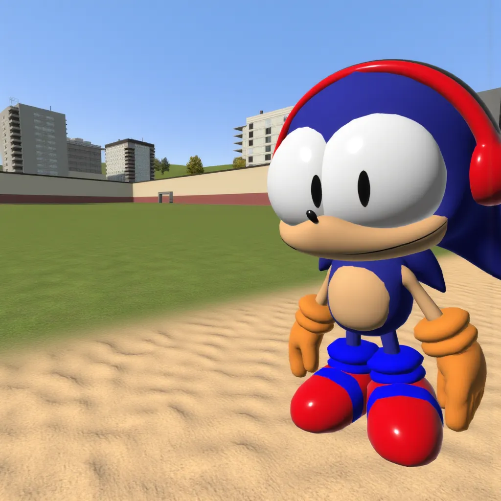 gm_construct, a scene from the video game "Garry's Mod" featuring a virtual urban landscape. The image shows an open area with a mix of grass and sand in the foreground, bordered by modern buildings in the background. The sky is clear and blue, and the environment appears to be part of a digital sandbox setting. Supdudes, a stylized 3D character resembling a hedgehog, with large oval eyes and a blue body. The character is wearing red headphones, orange gloves, and red shoes with a blue stripe and blue socks. The design is simplistic and colorful, with a smooth texture and exaggerated features.