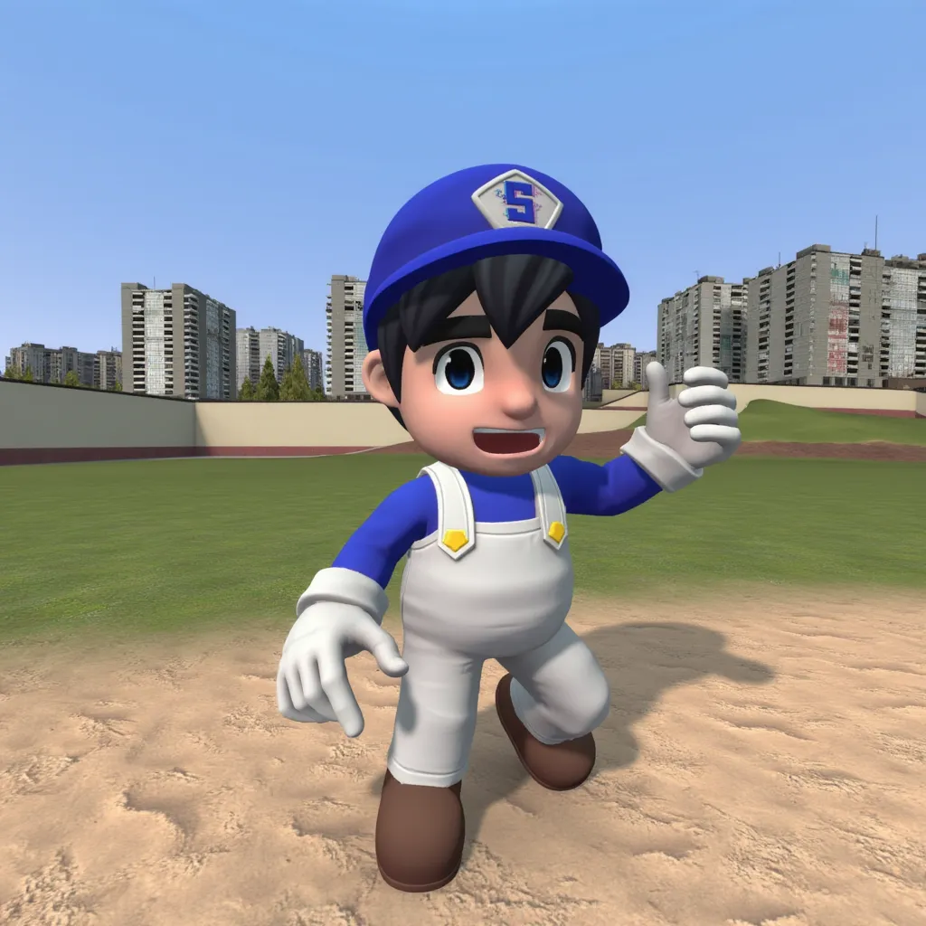 gm_construct, a scene from the video game "Garry's Mod" featuring a virtual urban landscape. The image shows an open area with a mix of grass and sand in the foreground, bordered by modern buildings in the background. The sky is clear and blue, and the environment appears to be part of a digital sandbox setting. SMG4, a cartoon character named SMG4 from the SMG4 series. The character is wearing a blue cap with an "S" emblem, a blue shirt, white gloves, white overalls, and brown shoes. The character has black hair and an expressive, friendly smile.