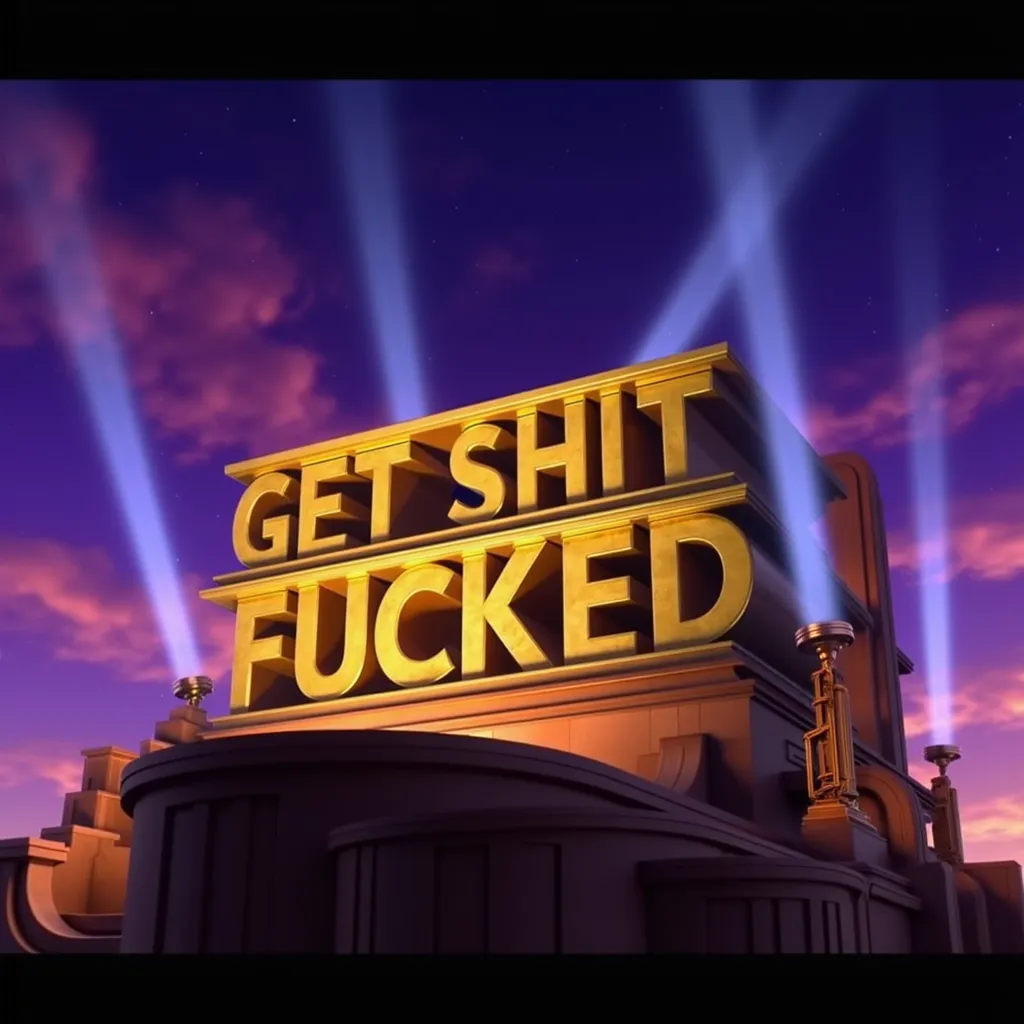 A digital rendering of the "get shit fucked" logo. The text is in large, gold letters set against a stylized art deco background. Bright searchlights shine upward into a purple twilight sky with scattered clouds, creating a cinematic atmosphere.