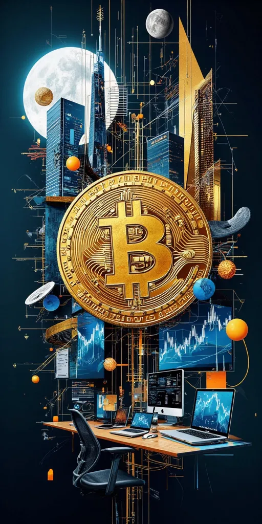 A dynamic collage artwork depicting Bitcoin in a striking visual composition, merged with premium lifestyle elements associated with crypto enthusiasts - sleek trading desk setups with multiple monitors displaying market charts, carbon fiber wallet textures, modernist minimal apartment interiors with blue LED accent lighting, coffee shop workspaces with MacBooks, and cityscape views of financial districts at night with glowing skyscrapers. The Bitcoin logo shines in its iconic gold with digital code patterns flowing around it, while subtle blockchain visualization elements connect different parts of the composition, suggesting the decentralized network that powers it