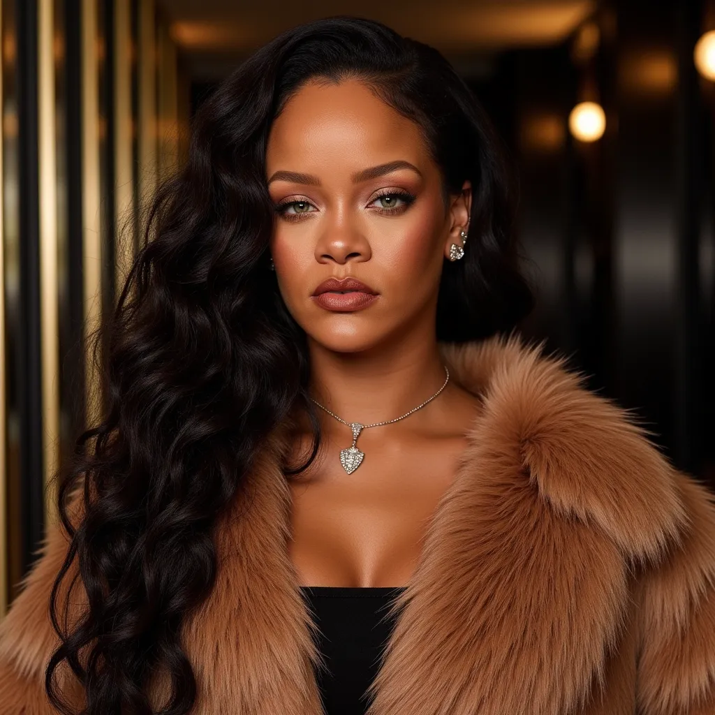 Rihanna, Ririh  Rihanna, Ririh  Rih Superstar, Rihanna, Ririh  Rih Superstar, Singer Rihanna posing elegantly in a modern indoor setting, Skin with large porestop lobby professional photography, fashion , high fashion editorial,   night Midnight background magazine style, sharp focus,  lens 17mm wide-angle lens lens, ,natural lighting, vibrant colors, high resolution, HDR, professional retouching, glossy finish.Rih Superstar, Singer Rihanna posing for a photo, with her eyes focused, transmitting power and empowerment, with a very furry oversized rfur coat all closed, the singer with diamond earrings and necklace, Wtransmitting a lot of confidence and beauty. Hyper realistic photography  And  the photography with a very wide background, the composition of the wide photo with the lens focusing on the background scenery and Rihanna dominating the image with all her ability to be the best model for the editorial  Conceptual and fusophisticated, the facial details identical to the singer Re