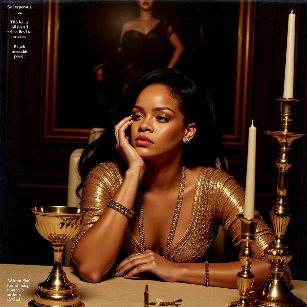 Rihanna, Ririh  vidsynthsynth video synth Rihanna, Ririh  Rih Superstar, Rihanna, Ririh  Rihanna, Ririh  album cover The album cover for "ANTI" by Singer Rihanna. It features Rihanna seated at a table with a contemplative expression, surrounded by ornate golden items, lens 18mm focus wide angle lens,including a goblet and candlestick. The background includes dark artwork, contributing to the moody atmosphere. The album title "ANTI" is written in the bottom left corner.