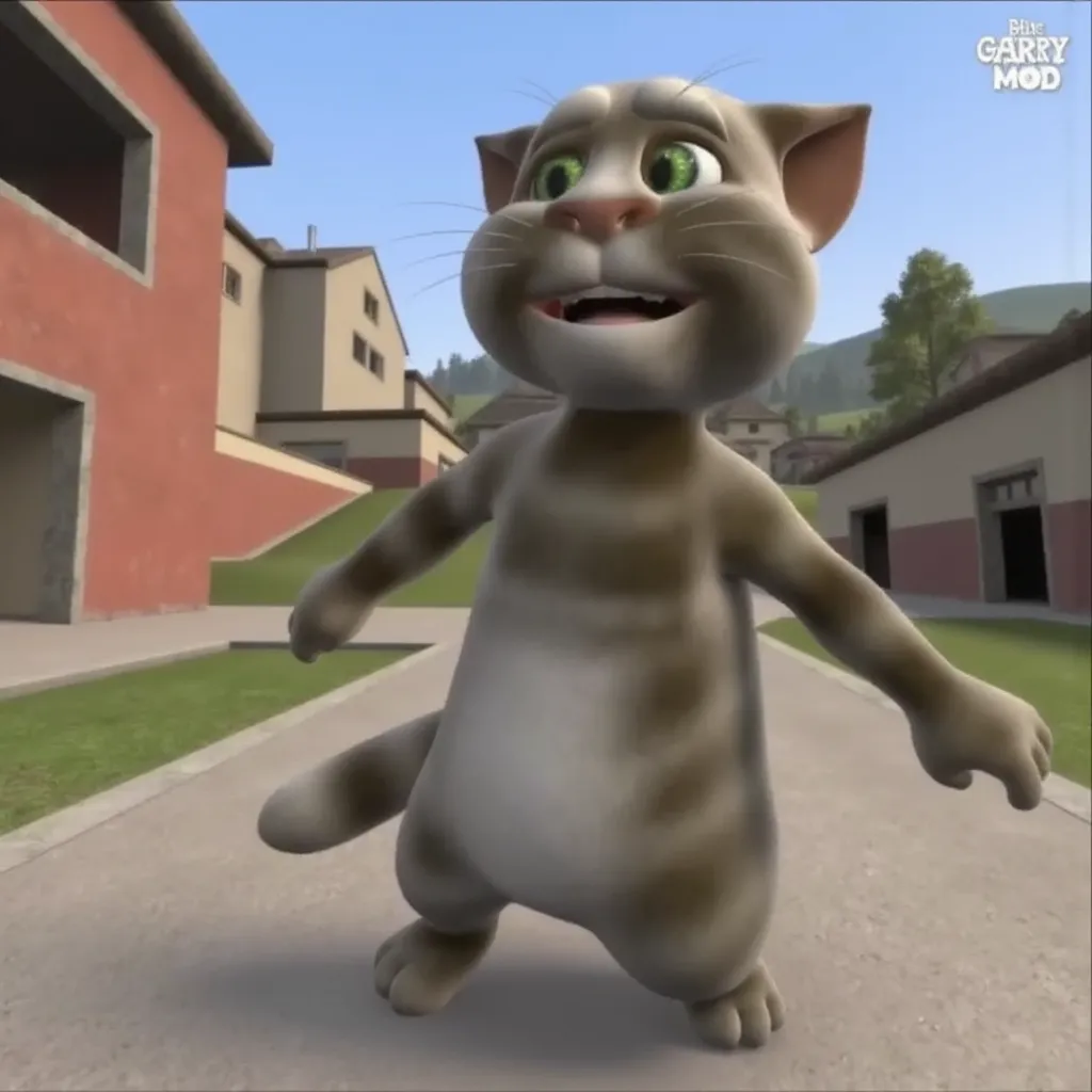 Gray cat, cartoon character inspired by Talking Tom, set in the gm_construct environment from Garry's Mod, digital illustration, cel-shaded style, playful and vibrant, influences from Studio Ghibli and Blue Sky Studios, soft outlines, charming expression, wide angle, vibrant colors, ambient light, 4K resolution, colorful and animated atmosphere.