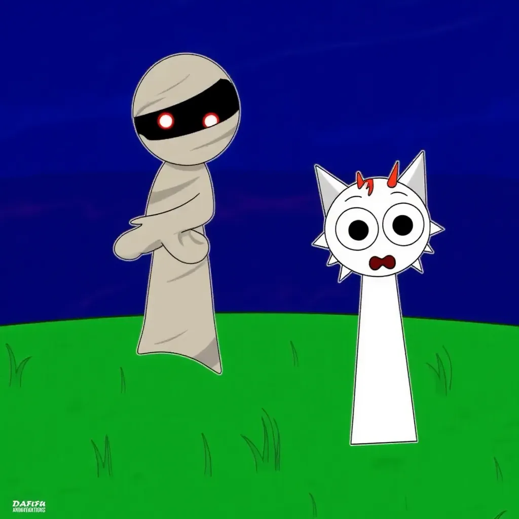 A scene from Dafu Animations x Toony Toons featuring a cartoon mummy character with glowing red eyes on the left and a whit feline character with hair tufts, appearing startled, on the right. The background is a dark blue night sky with a grass.